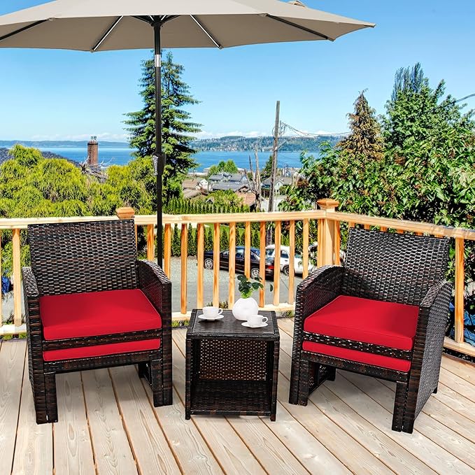 COSTWAY 5PCS Patio Rattan Wicker Furniture Set, Coversation Set with Side Table, Outdoor Cushioned Chairs with Ottomans for Backyard Deck, Red