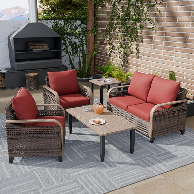 COOS BAY Modern Wicker Outdoor Furniture Set, 5 Piece Patio Conversation Set with 2 Patio Chairs, a Loveseat, Coffee Table and Side Table, 5 Piece, Brown/Red