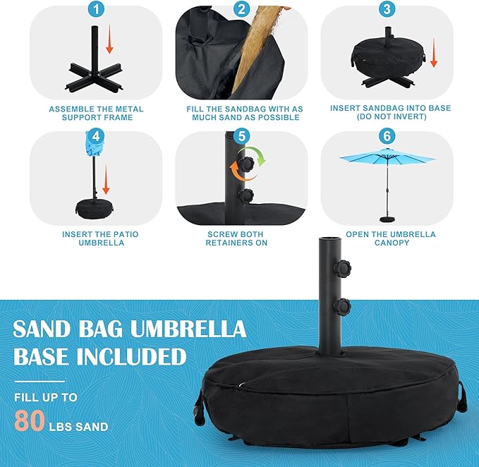Sundale Outdoor Solar 88 LED 10 ft Patio Umbrella with Sand Bag Umbrella Base, Outdoor Umbrella with Tilt and Crank, Sky Blue