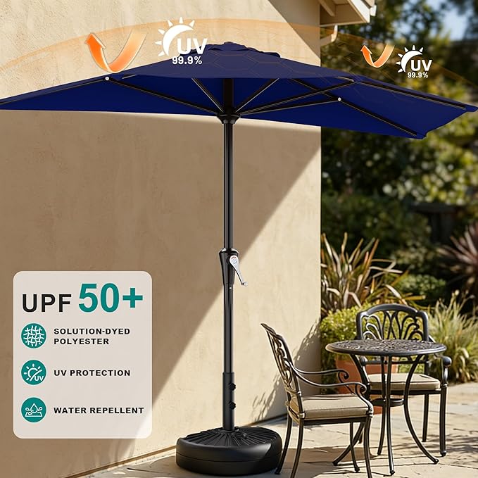 AreShark 9FT Half Patio Umbrella, Outdoor Wall Umbrella with Crank & 5 Sturdy Ribs, Table 1/2 Umbrella Patio for Garden, Deck, Balcony and Pool, Navy