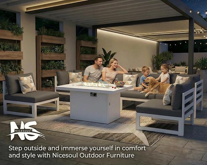 NICESOUL 8 Person Modern Aluminum Outdoor Patio Furniture Set with Fireplace, 29" Wide Deep Seating, Water Resistant L Shaped Sectional Couch, Large Conversation Set for Backyard Terrace, Dark Gray