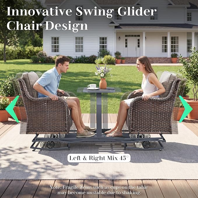 Rilyson Luxury Wicker Outdoor Conversation Set with Glider Rocker Chairs, 5 Pieces Patio Furniture Set with Rattan Swivel Rocker Chairs and Ottomans All Weather Brown/Beige