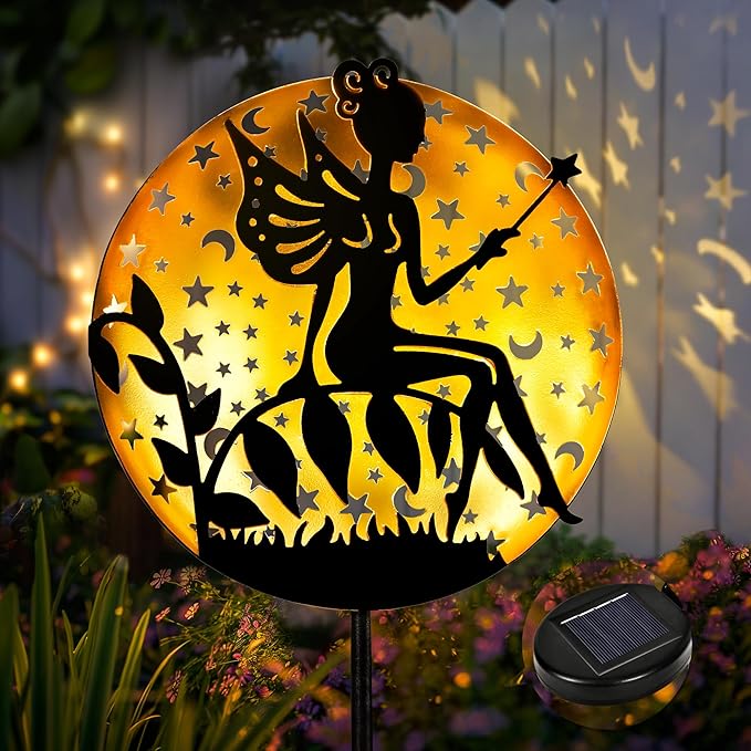 Solar Fairy Garden Lights, Metal Fairy Sculpture Pathway Stakes, Waterproof Outdoor Decorative Lights for Yard Art Patio Garden Porch, Gifts for Women Mom, 1 Pack
