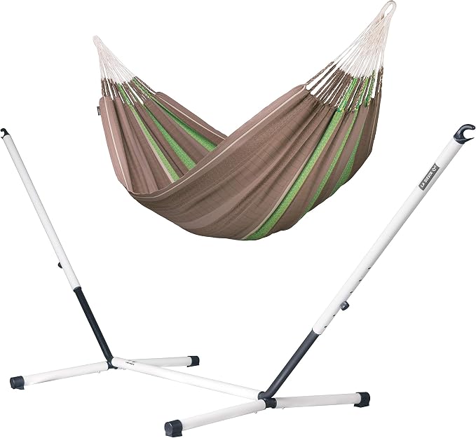 LA SIESTA Flora Classic Hammock & Nautico Stand, Cotton Hammock, Family Hammock, Indoor/Outdoor Hammock, Hammock with Stand, Steel Stand, Max 440 Lbs, King, Chocolate