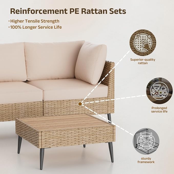 Outdoor Patio Furniture Sets,7 Pieces Outdoor Sectional Sofa PE Rattan Patio Conversation Sets with Composite Wood Coffee Table Resistant Thick Cushions Outdoor Sectional Furniture (Khaki)