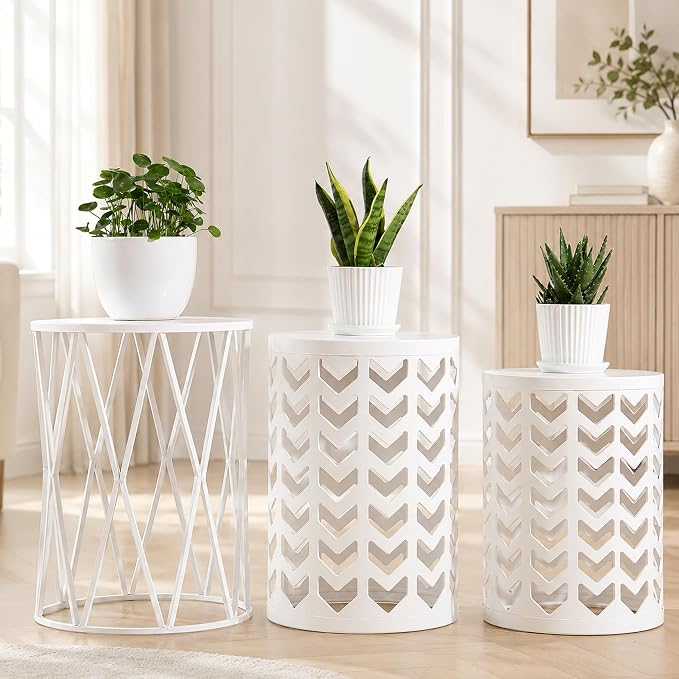 HFHOME Nesting Coffee Tables Set of 3, Industrial Metal Stacking Accent Side Tables Circle Table for Small Space, Living Room, Apartment, Bedroom Indoor - White