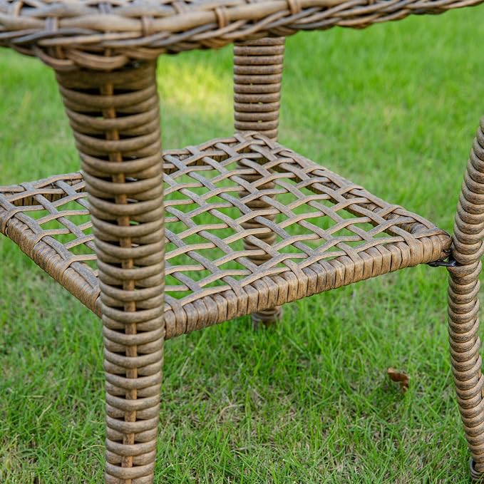 VIVIJASON Outdoor Wicker Side Table, All-Weather Rattan Patio Side Table Bistro Table with 2-Tier Storage, Tempered Glass Top Square End Table for Indoor, Balcony, Garden, Porch, Deck, Brown