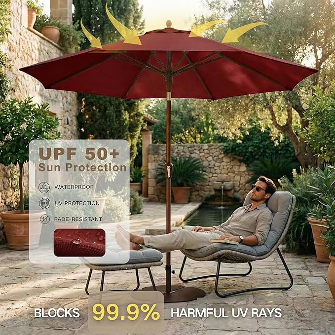 Kingdura 10FT Outdoor Patio Umbrella, Market Table Umbrella with Push Button Tilt and Crank, 8 Sturdy Fiberglass Ribs, UV Protection for Pool, Lawn, Deck, Backyard, Garden (Dark red)