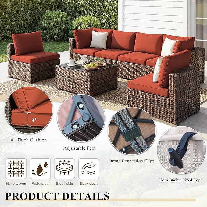 Patio Furniture Set 9 Piece All Weather PE Rattan Outdoor Sectional Sofa Couch with 8 x armless Sofa, No-Slip Cushions and Glass Top Table for Garden, Poolside, Backyard (Red)
