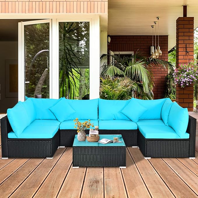 COSTWAY 7 Pieces Patio Furniture Set, Outdoor Rattan Conversation Set with 6 Seats, Coffee Tea Table, Soft Cushions, Wicker Patio Sectional Sofa for Garden Balcony Porch Poolside, Turquoise
