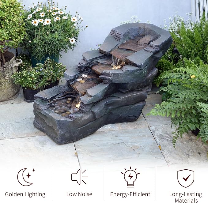 Sunlinua Outdoor Water Fountain 3-Tier Floor Standing Rainforest Rock River Natural Waterfall Fountains with LED Lights for Garden, Patio, Porch, Home Art Decor, 30" L