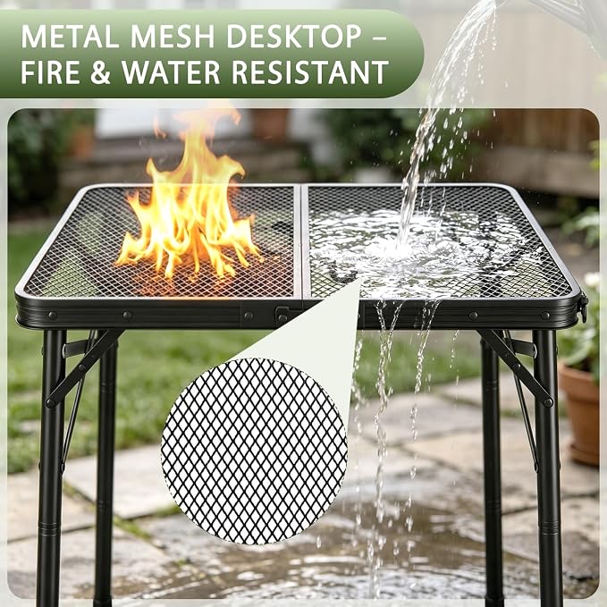 Folding Grill Table, 24"x16" Portable Camping Table with Storage Pocket, Heat Resistant & Waterproof Outdoor Picnic Table, Sturdy Lightweight for Travel Cooking BBQ, Camping, Backyard
