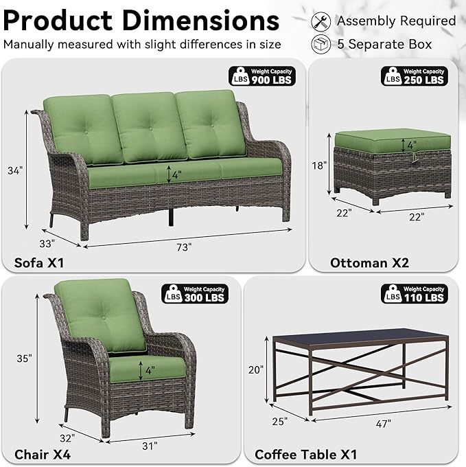 8 Piece Outdoor Wicker Patio Furniture Set, Patio Chairs Set with Thickened Olefin Cushions, High Back and Deep Seating, Hand-Woven PE Rattan, Ottoman for Porch, Deck