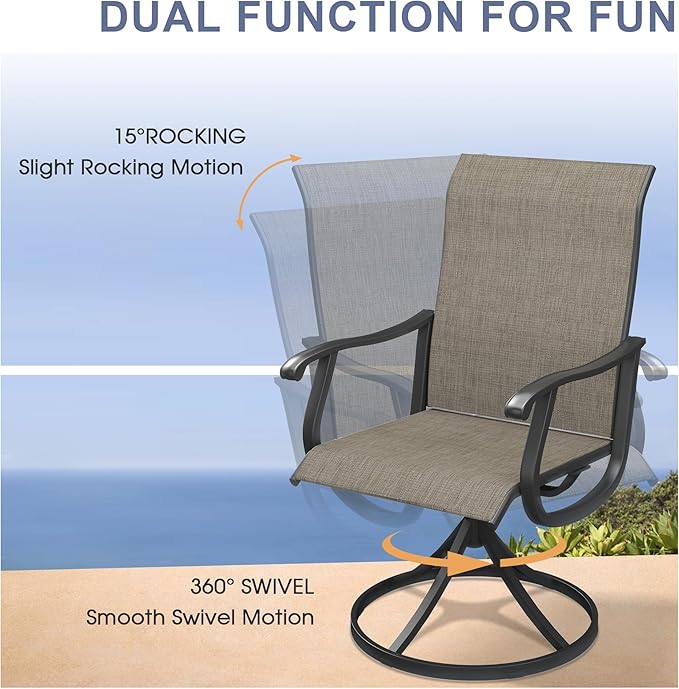 VICLLAX 8 Pieces Patio Dining Set with Patio Umbrella, 6 Patio Swivel Chairs and Metal Patio Table with 15ft Blue Outdoor Umbrella for Backyard, Mixed Brown Chairs & Black Tabletop