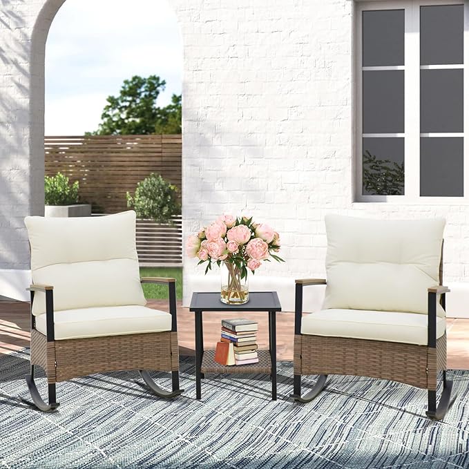 EAGLE PEAK 3 Piece Mojave Dusk Outdoor Conversation Set, Patio Wicker Furniture, 2 Rocking Chairs and Side Table, Light Brown/Beige