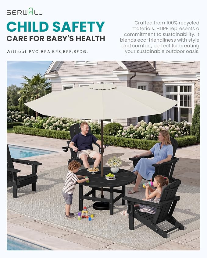 SERWALL 5-Piece Outdoor Furniture Set, Round Coffee Table with Umbrella Hole & Adirondack Chairs with Cup Holders, Black