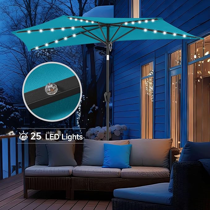 9FT Solar Half Umbrellas Outdoor - LED Half Patio Umbrella with 25 Lights, UV Protection Waterprool, Half Round Umbrella for Wall Balcony, Pool, Porch, Garden, Deck, Backyard, Aqua Blue