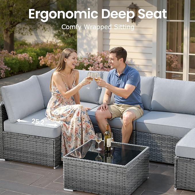 11 PCS Outdoor Patio Furniture Sets with 42'' Fire Pit Table,Wicker Weather Resistant Patio Conversation Set with 2 Wicker Rocking Chair,Modular L Shaped Sofa with Coffee Table for Yard,Light Grey