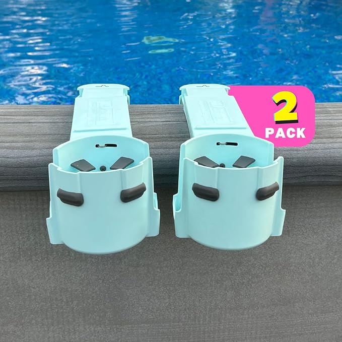 2-Pack Poolside Cup Holders for Square-Top Above Ground Pools, Adjustable Fit for Wide Edges, Non-Slip Silicone Grips, Fits Tumblers & Drink Bottles, Use on Deck, Boat & Patio, Aqua
