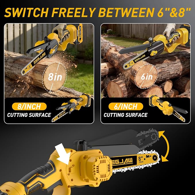 ZEGJAW 4-IN-1 Cordless Pole Saw & Mini Chainsaw, 6-inch & 8-inch Chainsaw Bar with 2 Pack 3.0Ah Battery and Charger, Electric Pole Saw for Tree Trimming with Adjustable Extension Pole