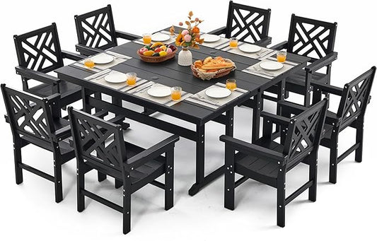 10 Piece HDPE Outdoor Dining Set for 8, Patio HDPE Furniture Set with 2 Table and Umbrella Hole, Outdoor Table and Chairs for Garden, Poolside, Backyard, Deck