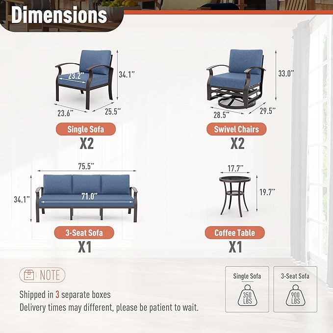 Kurapika Aluminum Patio Furniture Set 7-Seat Modern Metal Outdoor Conversation Sets w/Swivel Rocking Chairs Patio Sectional Sofa w/5.1 Inch Cushion, Navy Blue