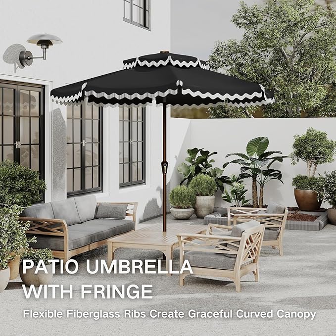 Kingdura 9ft Patio Umbrella with Fringe, Outdoor Table Umbrella with 8 Sturdy Fiberglass Ribs, Push-Button Tilt, UPF 50+, Luxurious Vintage Pool Umbrellas