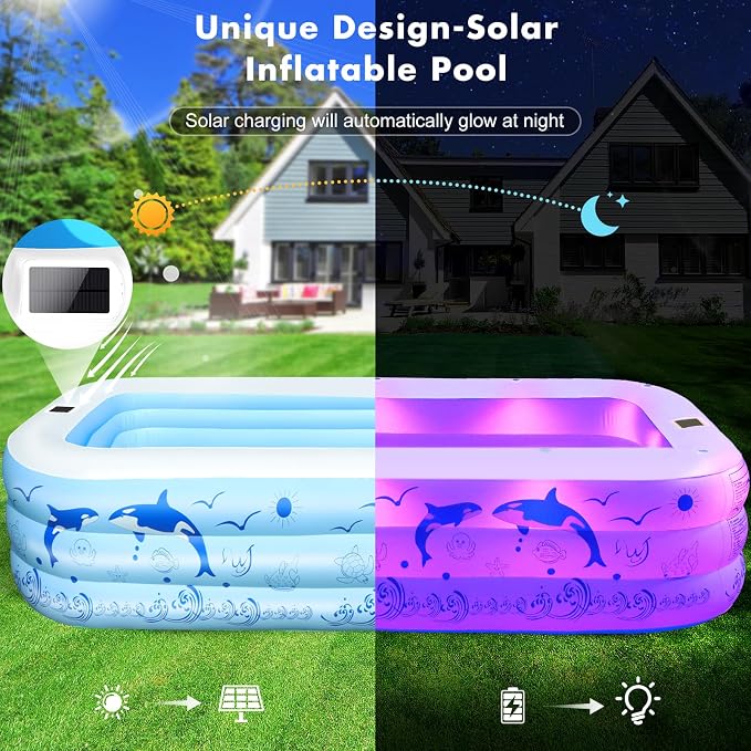 2026 Upgrade Inflatable Pools with Lights, Family Inflatable Swimming Pools for Adults, Blow Up Pool Solar, Large Pool, Durable Thickened Inflatable Family Pool for Backyard-White