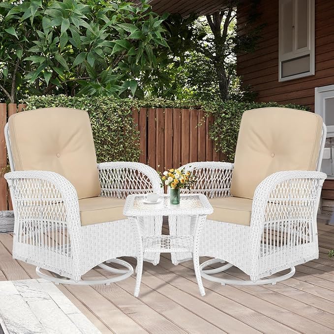 MEETWARM 3 Pieces Outdoor Wicker Swivel Rocker Patio Set, Rocking Chairs Rattan Patio Furniture Sets with Thickened Cushion and Glass-Top Coffee Table, Conversation Bistro Set, White/Beige