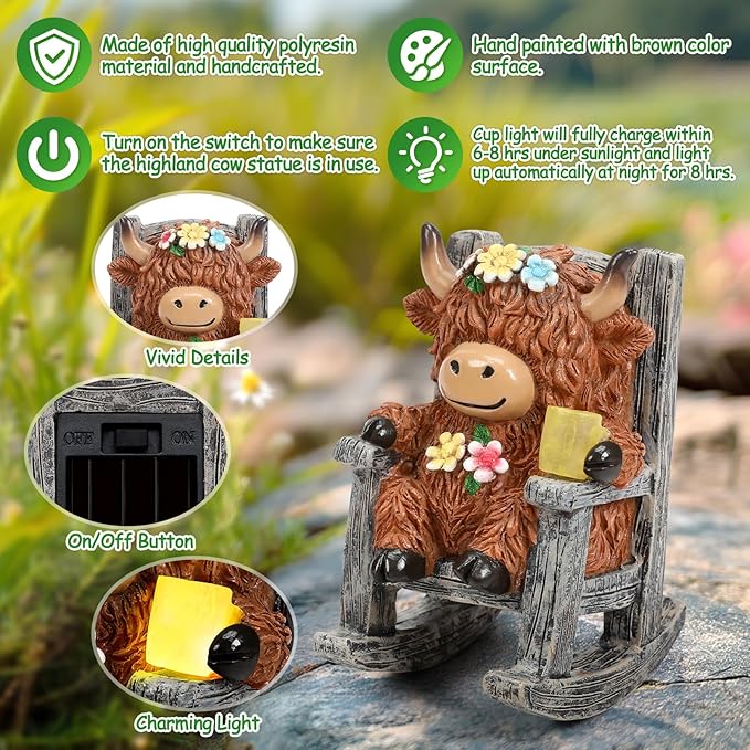 Tfro & Cile Miniature Solar Highland Cow Garden Statue Outdoor Light Decor Yard Ornament Unique Housewarming Gift for Lawn Patio Balcony