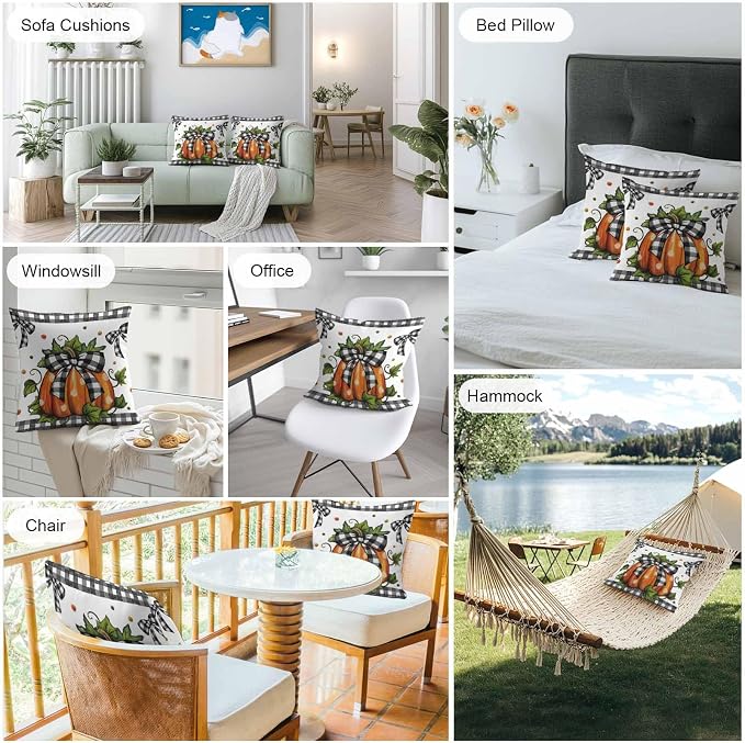 Orange Pumpkins Outdoor Waterproof Pillow Covers, Polka Dot Bow Fall Maple Leaves Plaid Decorative Square Throw Pillowcase Sofa Cushion Sham for Patio/Couch/Chair, 18"x18" 2 Pack