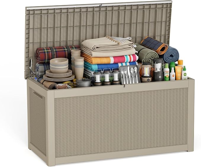 ROJIK 320 Gallon Deck Box Outdoor Waterproof,Weatherproof Outdoor Storage Boxes Lockable with Lid,Outside Resin Storage Bench for Patio Cushions,Garden Tools and Pool Accessories(Grey)