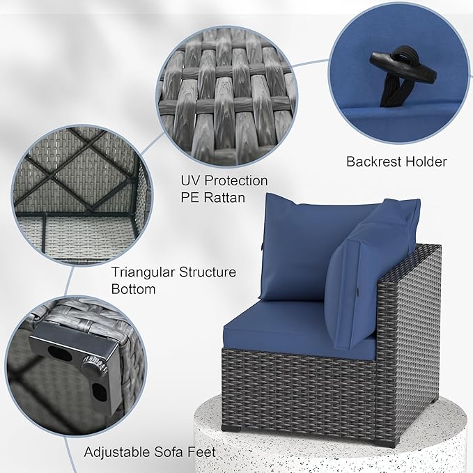 Patio Furniture Set, 7PCS Outdoor Sectional PE Rattan Patio Conversation Set w/Thickened Cushion Modular Wicker Patio Sofa Set w/Coffee Table for Balcony, Backyard(Blue)