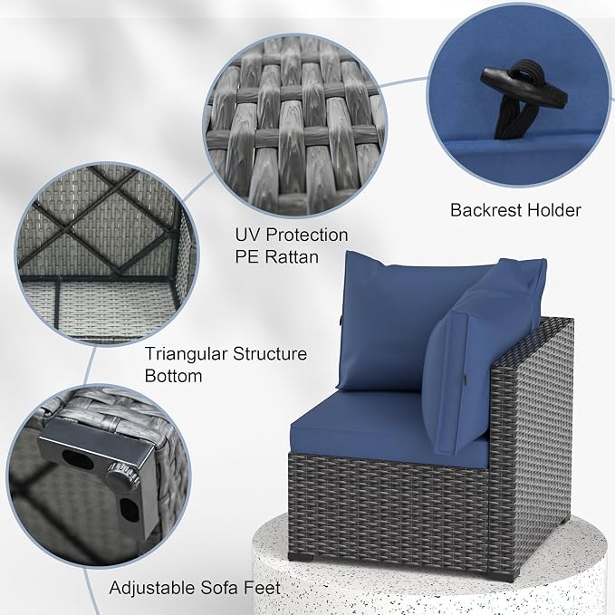 Patio Furniture Set, 8PCS Outdoor Sectional w/ Fire Pit Table PE Rattan Patio Conversation Set w/Thickened Cushion Patio Sectional Modular Wicker Patio Sofa Set w/Coffee Table for Balcony(Blue)