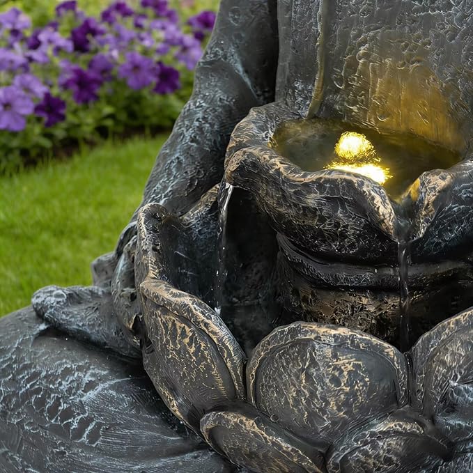 28'' Zen Buddha 2 Tier Water Fountain with LED Light and Pump，Buddha Indoor/Outdoor Fountain，Lighted Waterfall Resin Statue for Garden Patio Backyard Indoor Decor