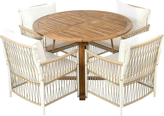 Modern 5-Piece Outdoor Patio Dining Set, All-Weather Acacia Wood Extendable Round Dining Table with 12inch Butterfly Leaf and 4 Rattan Arm Chairs for Backyard, Garden, Poolside