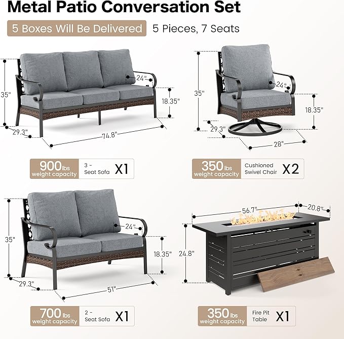5 Piece Metal Outdoor Patio Furniture Sets with Firepit Table, Patio Conversation Sets 1 3-Seater Sofa, 1 2-Seater Loveseat, 2 Swivel Chair with 5.75" Cushion for Backyard Deck, Gray