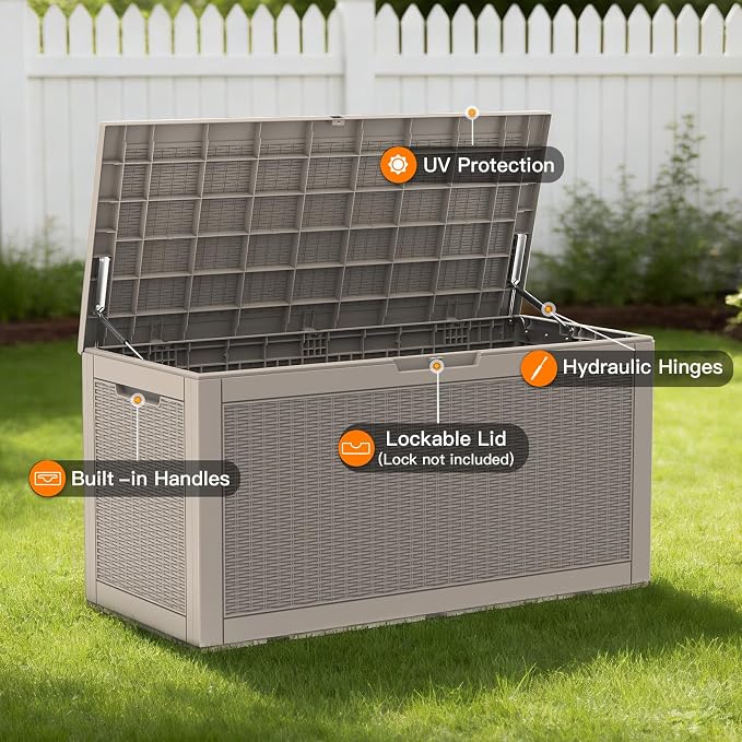 Mars Villa 100 Gallon Outdoor Storage Box, Large Resin Deck Box Waterproof, for Outside Patio Furniture Cushion, Pool Supply, with Hydraulic Hinge, UV-Resistant and Weatherproof, Rattan Greige