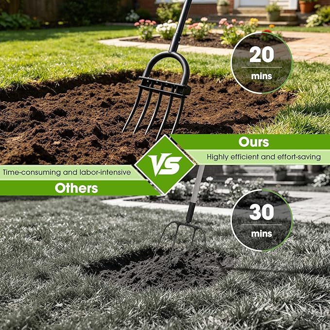 Broadfork Garden Tool, 55IN Pitch Fork for Gardening 5-Tine Heavy Duty Garden Fork with Ergonomic D-Grip Handle for Digging Loosening Soil Cultivating Weeding Composting