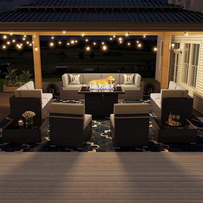 13 Pieces Patio Furniture Set with 44" Propane Gas Fire Pit Table, Outdoor Sectional Wicker Conversation Sofa Sets with Coffee Table