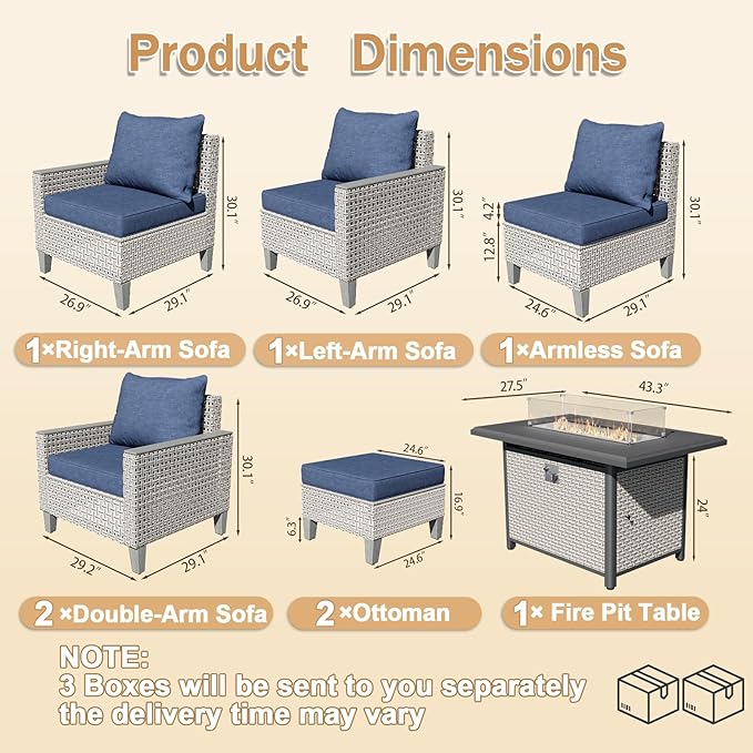8 Pieces Patio Furniture Set with Fire Pit Table and Ottomans, Modern Outdoor Sectional Sofa with Comfy Cushions, Modular Wicker Rattan Patio Conversation Set, Navy