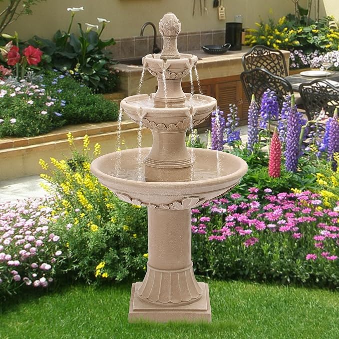 TITIMO 48" High Italian Feature Freestanding Water Fountain Outdoor and Indoor,3-Tier Roman Pillar Waterfalls Fountains for Garden,Patio,Yard,Deck,Backyard,Porch (Natural Tan)