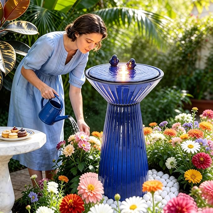28" Tall Ceramic Outdoor Fountain and Waterfalls, Patio Fountain with LEDs, Birdbath for Outside, Soothing Water Feature for Relaxing Front Porch, Garden, Backyard, Cobalt Blue, 2KD Birds