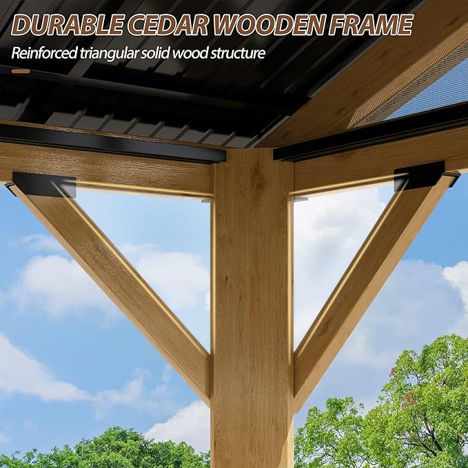 11' x 13' Wood Gazebo, Outdoor Hardtop Gazebo with Netting and Curtains, Cedar Wooden Frame Gazebos with Galvanized Steel Roof for Garden, Patio