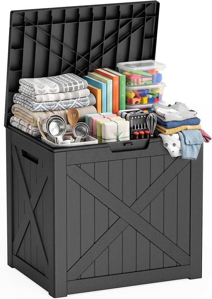 EasyUp 35 Gallon Deck Boxes Outdoor Waterproof, Weatherproof Outdoor Deck Box, Lockable Resin Storage Bench For Patio Cushions, Garden Tools And Pool Accessories, Black