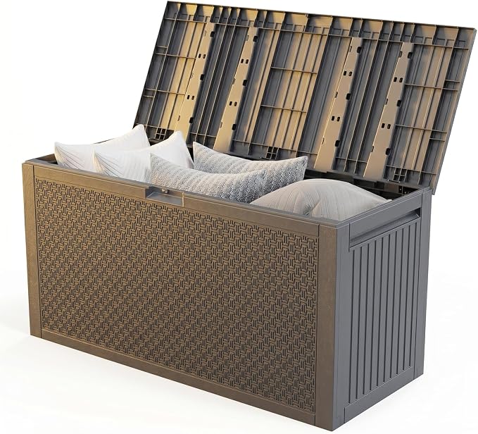 90 Gallon Grey Outdoor Storage Deck Box, Waterproof UV Resistant Plastic Patio Storage Chest with Lockable Lid, Weatherproof Organizer for Cushions Tools Toys, 45.67" x 19.49" x 23.23"