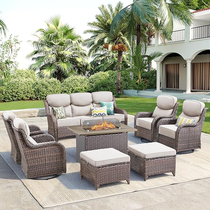Luxury Patio Furniture Set with Fire Pit Table-8 Pieces All Weather Outdoor Swivel Rocker Chairs with Sofa and Ottomans. Outdoors Patio Conversation Sets for Porch Deck Garden Backyard(Brown/Beige)