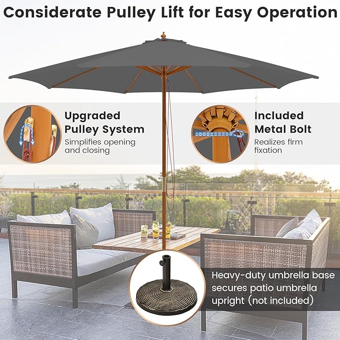 Tangkula 10FT Patio Umbrella, Outdoor Table Market Umbrella w/8 Wooden Ribs, 3 Adjustable Heights, Rope Pulley System, Detachable Pole, Wooden Patio Umbrella for Garden, Poolside, Backyard (Grey)