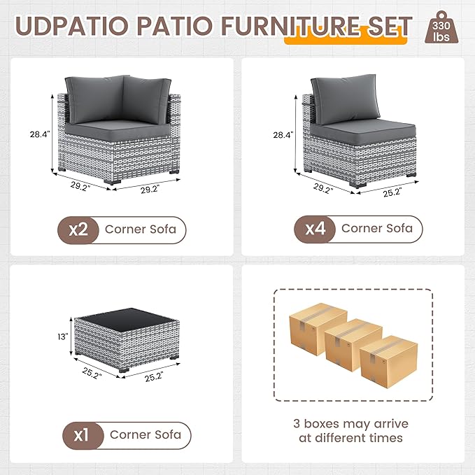 UDPATIO Outdoor Patio Furniture Set, 7 Piece PE Wicker Sectional Sofa with Tea Table, Outdoor Conversation Set for Patio, Garden, Backyard (Grey Cushions with Grey Rattan)