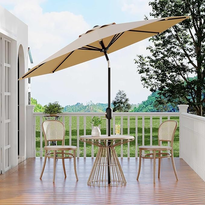 Garvee 9 ft Patio Umbrella - 8 Sturdy Ribs Outdoor Table Umbrella with Crank Lift & Push Button Tilt - Market Umbrella for Pool, Deck, Yard, Garden - Tan